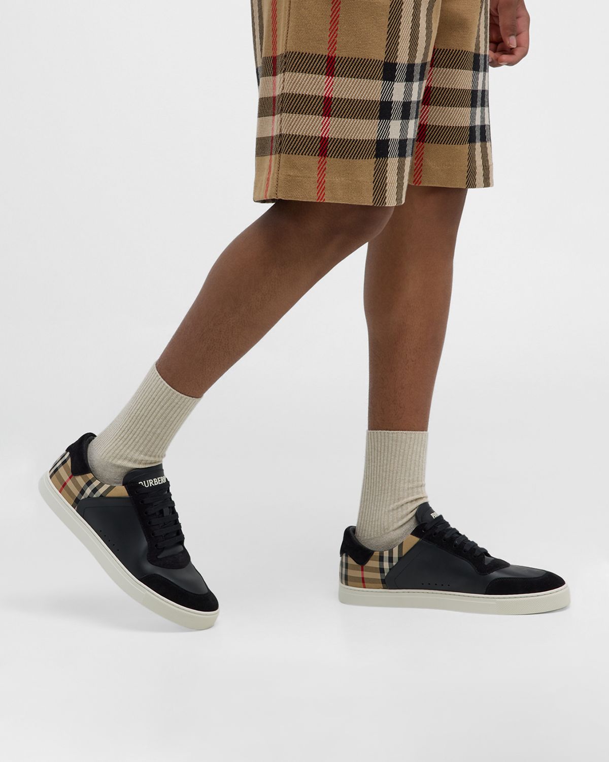 Burberry Men 's Stevie Leather and Check Low-Top Sneakers