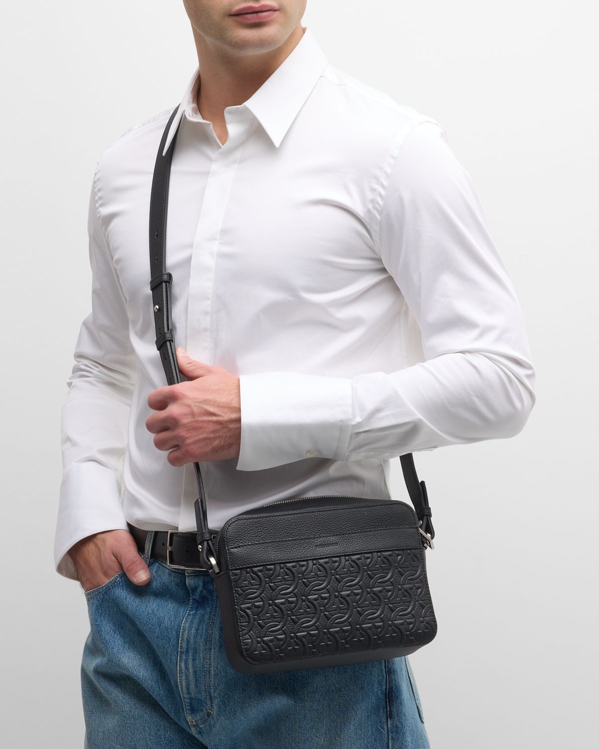 Ferragamo Men's Embossed Gancini Leather Crossbody Bag