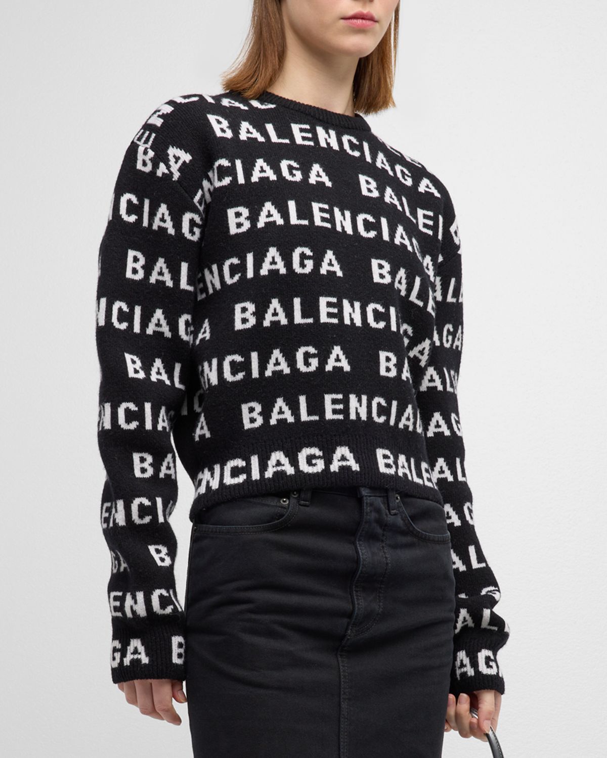 Balenciaga Cropped Horizontal Logo Wool Sweater