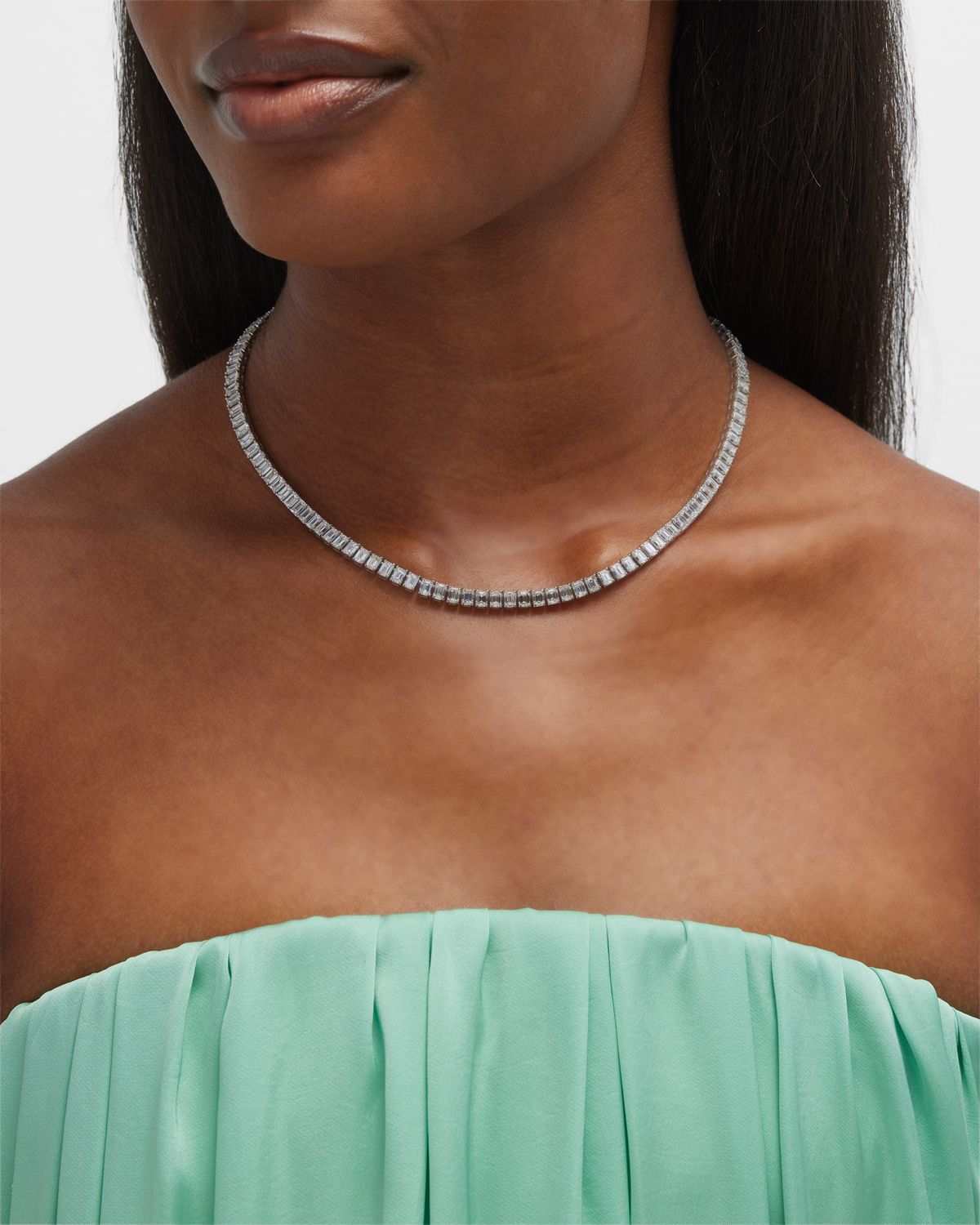 Neiman Marcus Diamonds 18K White Gold Baguette Diamond Tennis Necklace, 29.5tcw; 17"L