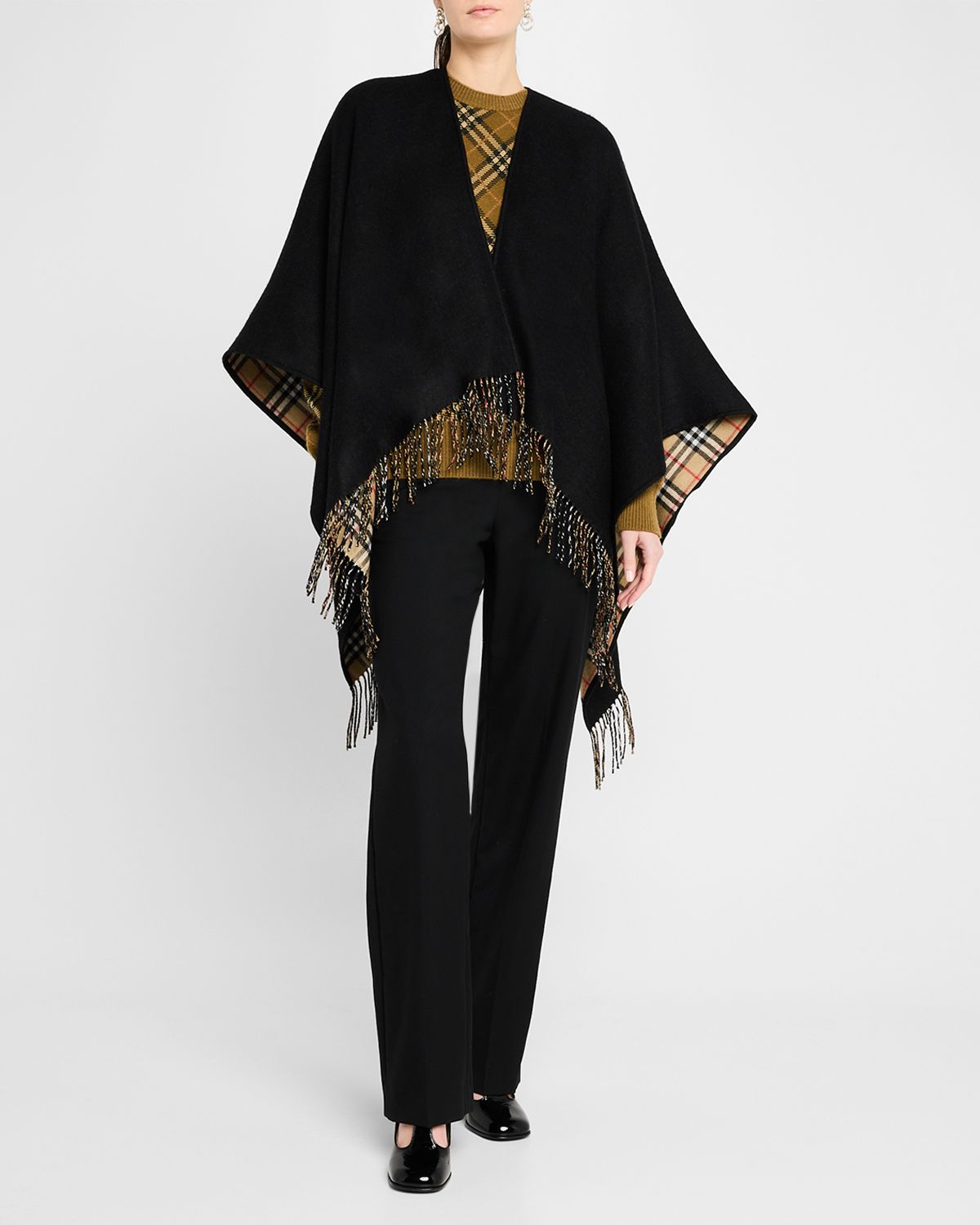 Burberry Vintage-Style Check Fringed Wool Cape