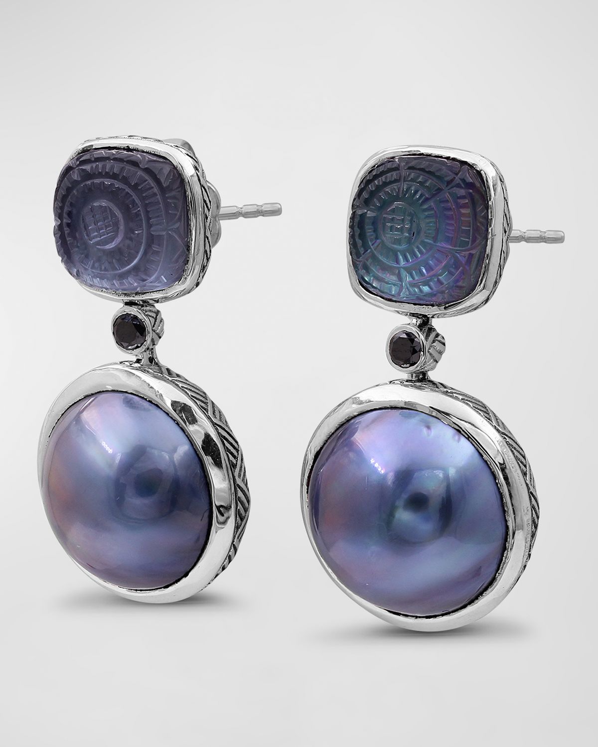 Stephen Dweck Hand-Carved Quartz and Mabe Pearl Earrings with Diamonds