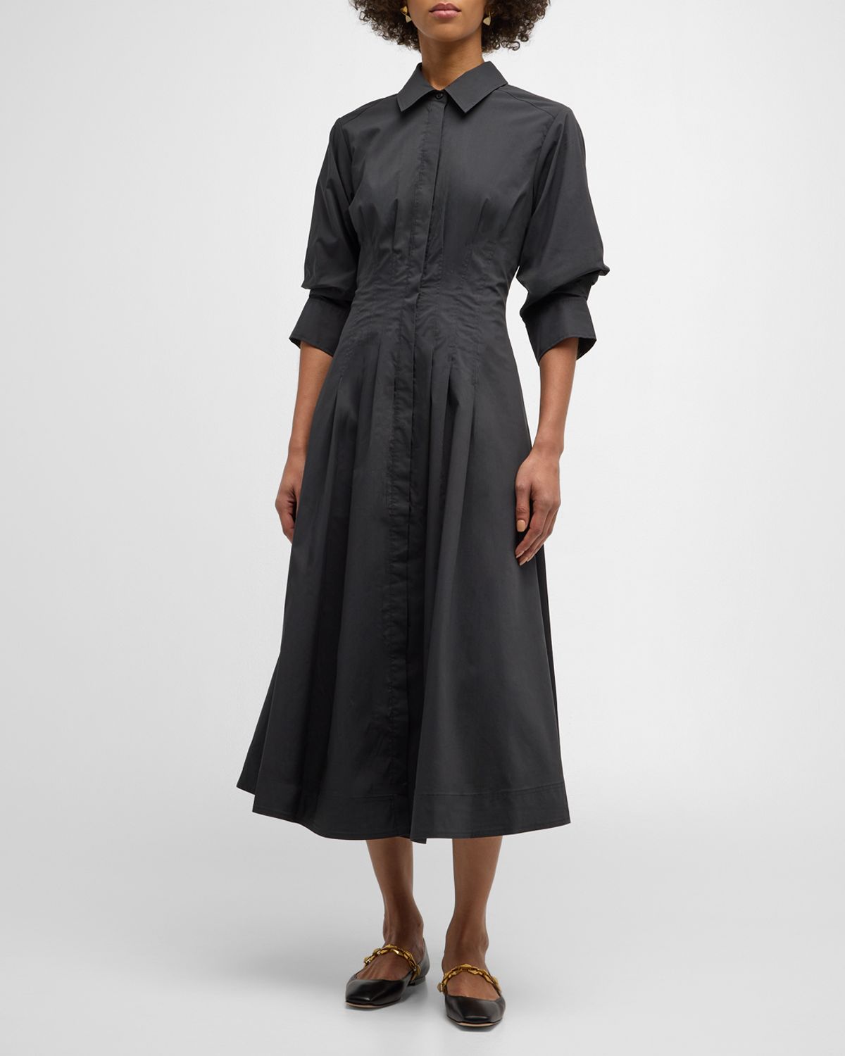 SIMKHAI Jazz Poplin Pintuck Midi Shirtdress