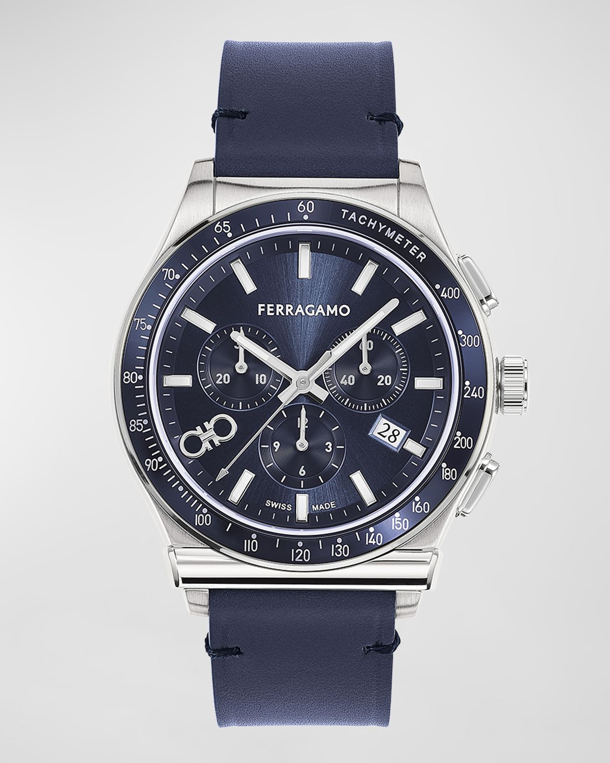 Ferragamo 42mm 1927 Chrono Watch with Leather Strap, Blue