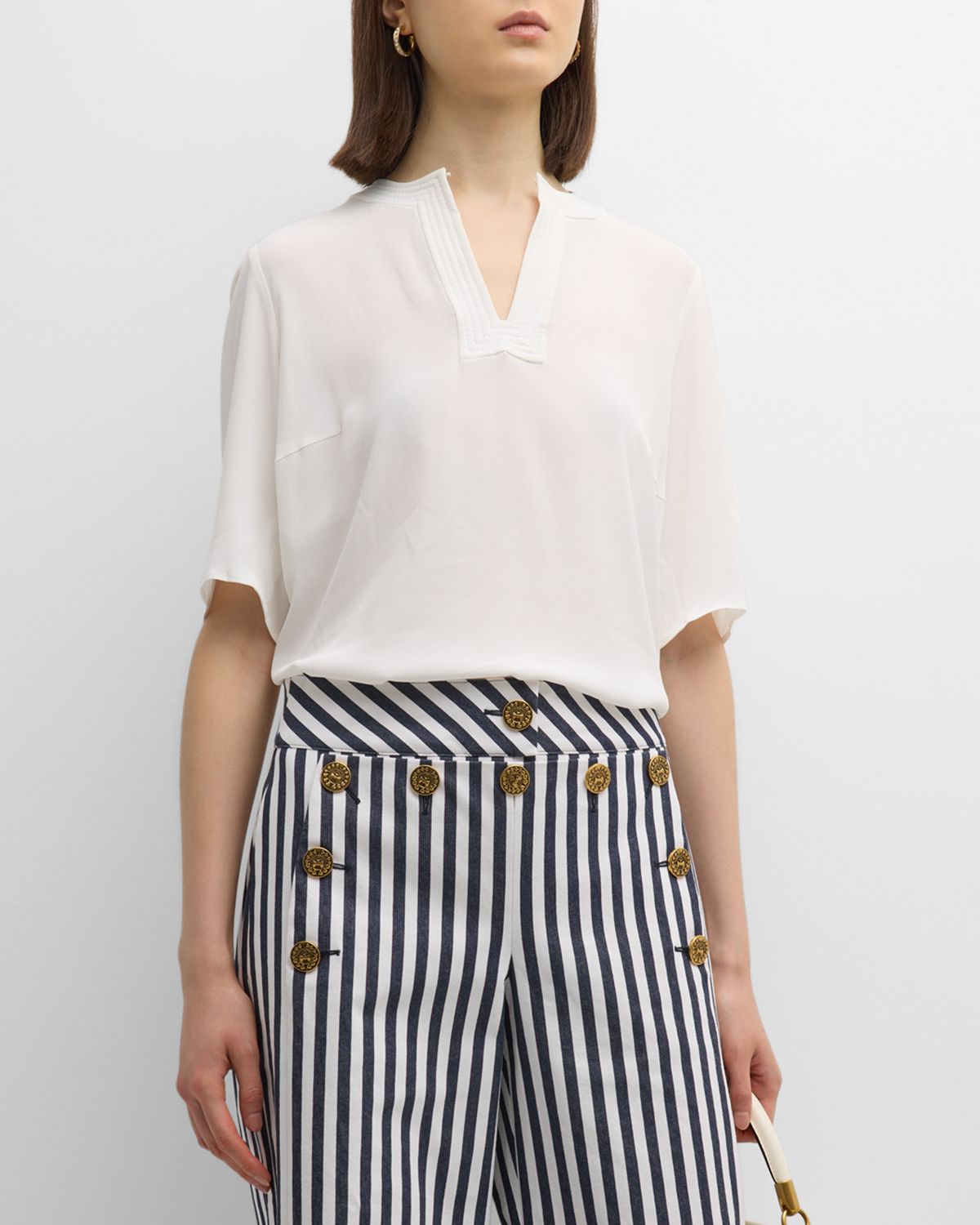 Maison Common Trapunto Silk-Blend Short-Sleeve Blouse