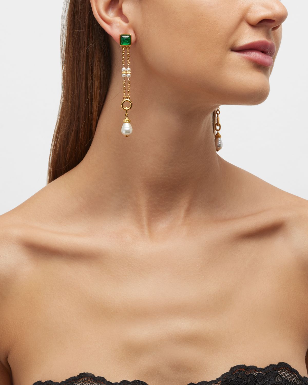 Ben-Amun Emerald Glass and Pearly Drop Earrings