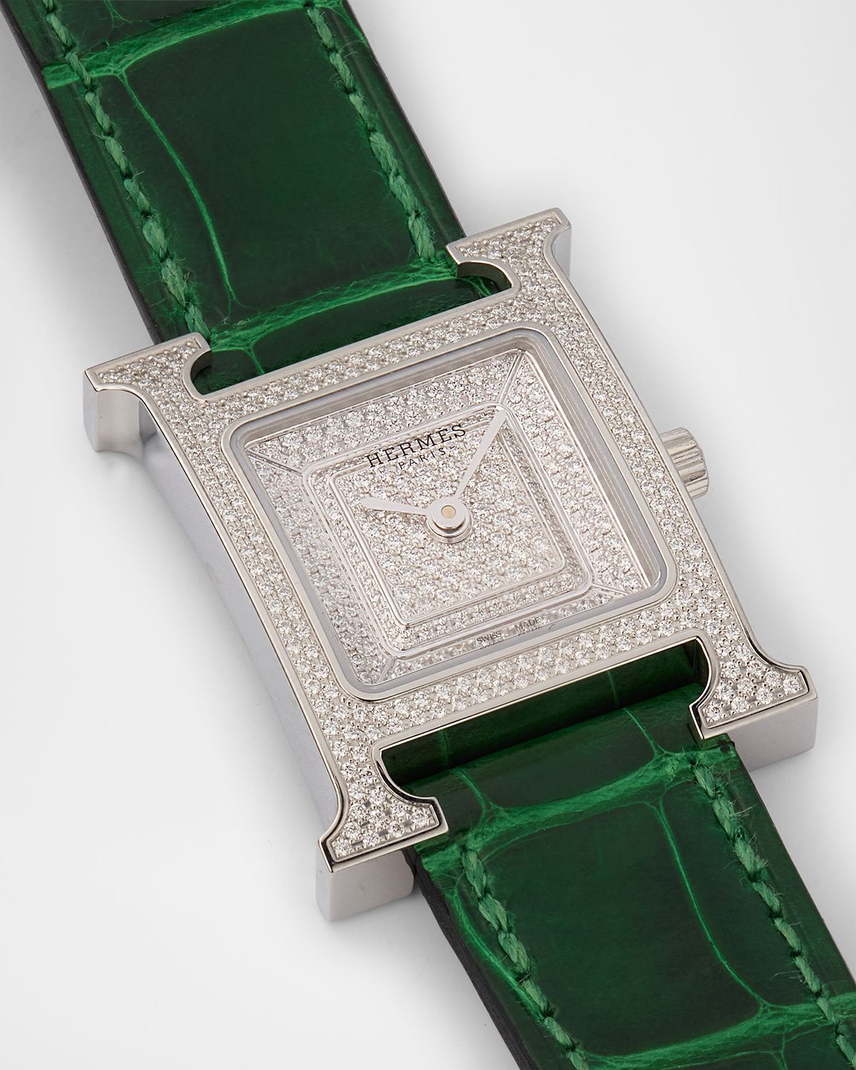 Hermes Heure H All Diamond Watch with Green Alligator Strap, 25 mm