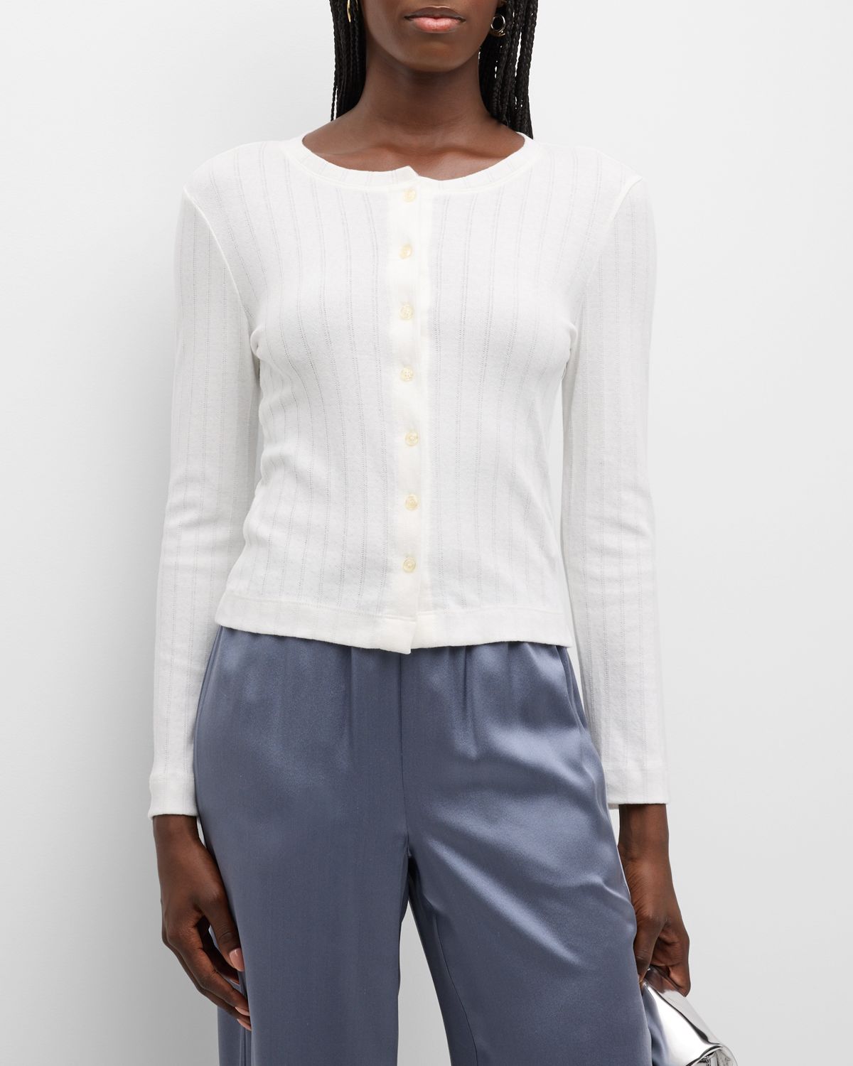 LESET Pointelle Classic Crewneck Cardigan