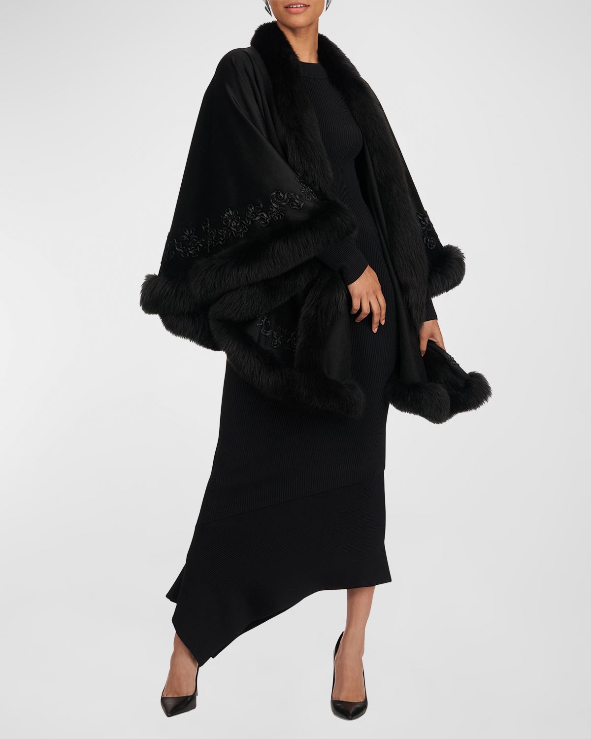 Gorski Embroidered Wool and Cashmere Capelet with Lamb Trim