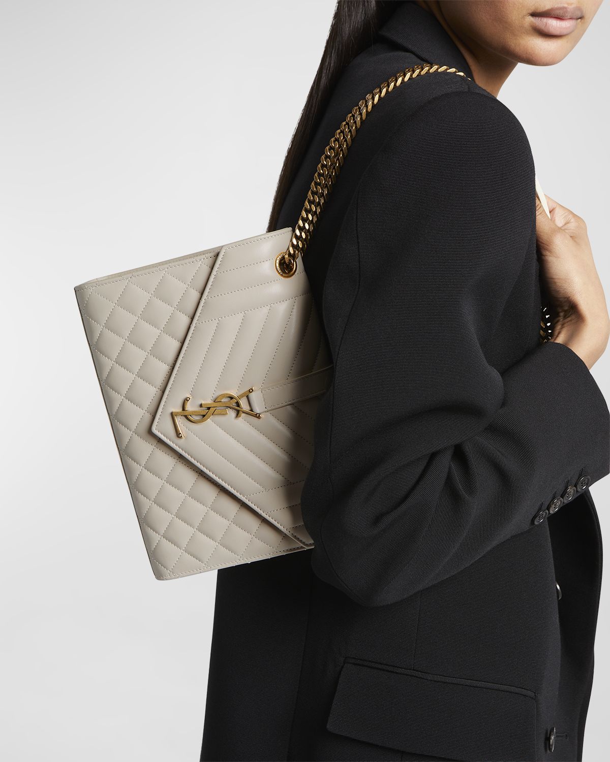 Saint Laurent Envelope Triquilt Medium YSL Shoulder Bag in Smooth Quilted Leather