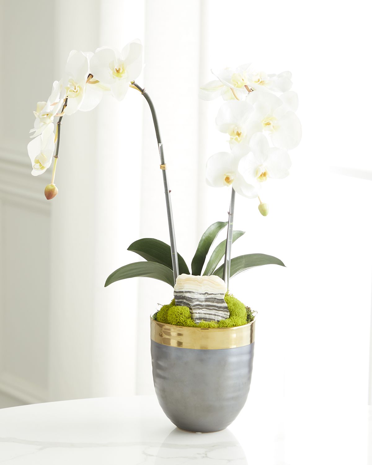 T & C Floral Company Double Orchid Faux Florals in Gold-Rimmed Ceramic Pot with Zebra Stone - 22" | Thumbnail 5
