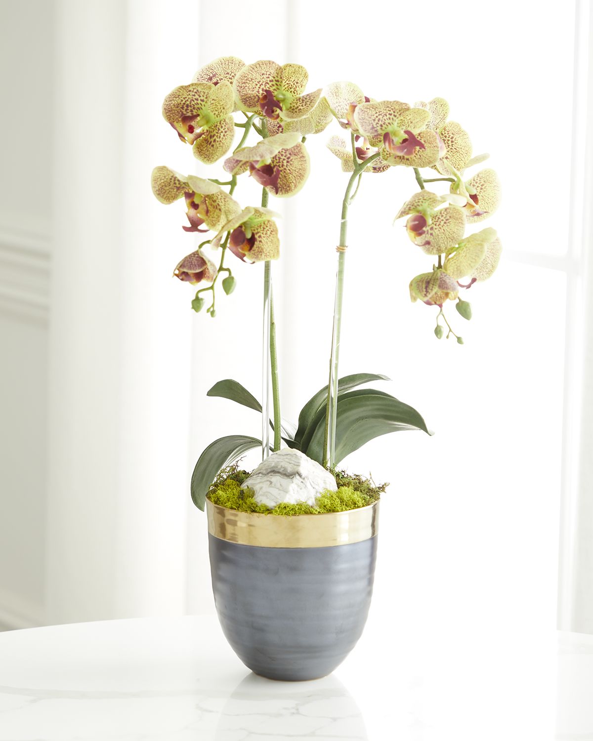 T & C Floral Company Double Orchid Faux Florals in Gold-Rimmed Ceramic Pot with Zebra Stone - 22" | Thumbnail 5