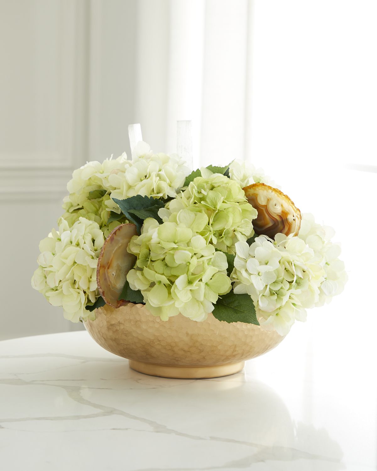 T & C Floral Company Hydrangea Faux Floral Arrangement in Hammered Metal Bowl with Selenite and Agate Slabs - 17" | Thumbnail 4 T & C Floral Company Hydrangea Faux Floral Arrangement in Hammered Metal Bowl with Selenite and Agate Slabs - 17" | Thumbnail 4