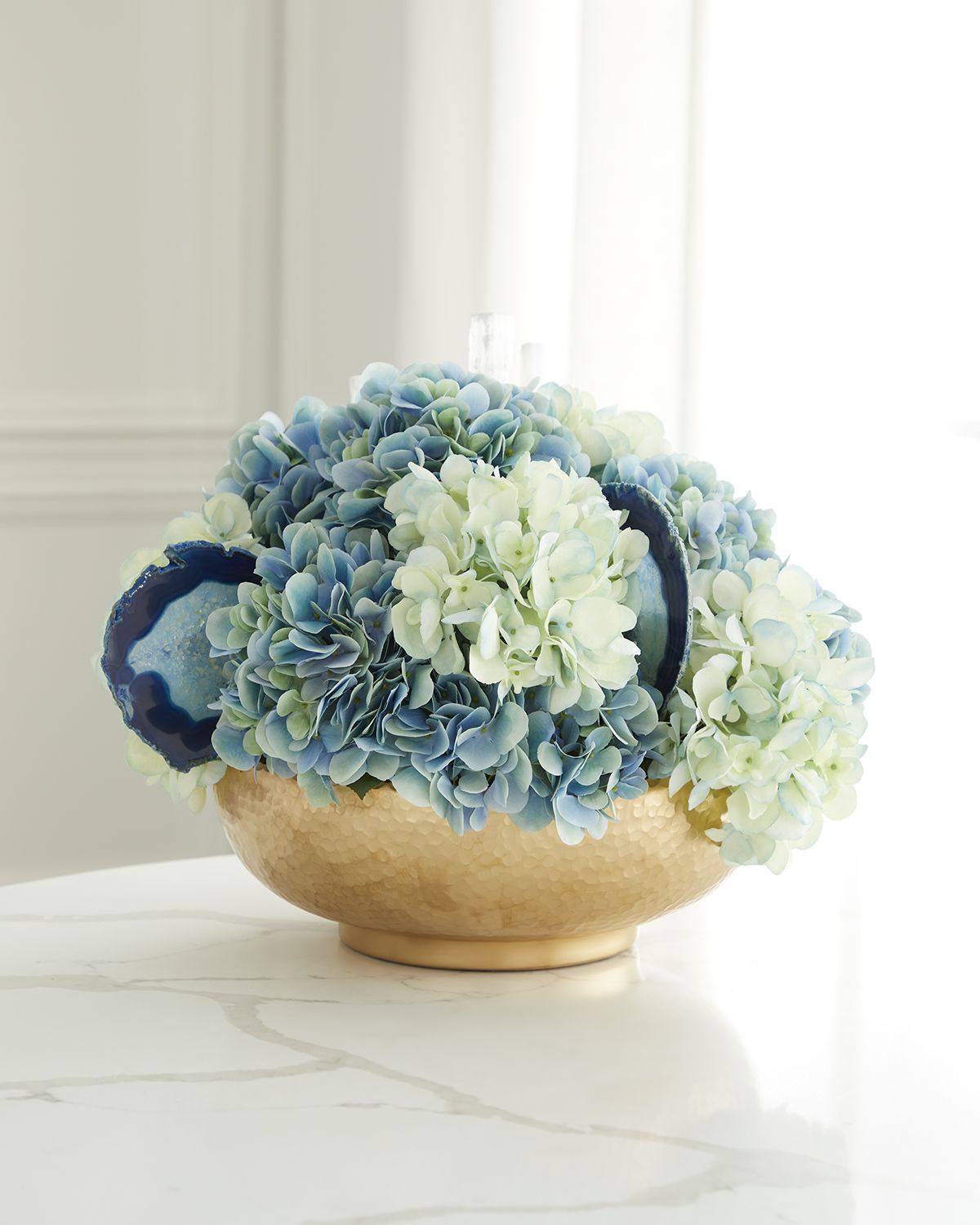 T & C Floral Company Hydrangea Faux Floral Arrangement in Hammered Metal Bowl with Selenite and Agate Slabs - 17" | Thumbnail 4 T & C Floral Company Hydrangea Faux Floral Arrangement in Hammered Metal Bowl with Selenite and Agate Slabs - 17" | Thumbnail 4