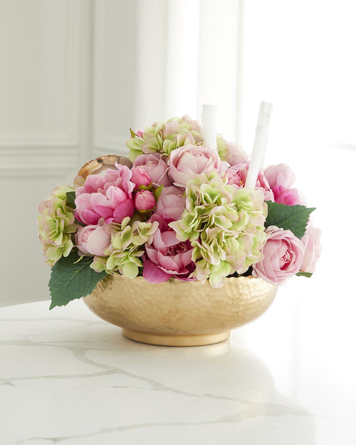 T & C Floral Company Hydrangea Faux Floral Arrangement in Hammered Metal Bowl with Selenite and Agate Slabs - 17" | Thumbnail 4 T & C Floral Company Hydrangea Faux Floral Arrangement in Hammered Metal Bowl with Selenite and Agate Slabs - 17" | Thumbnail 4