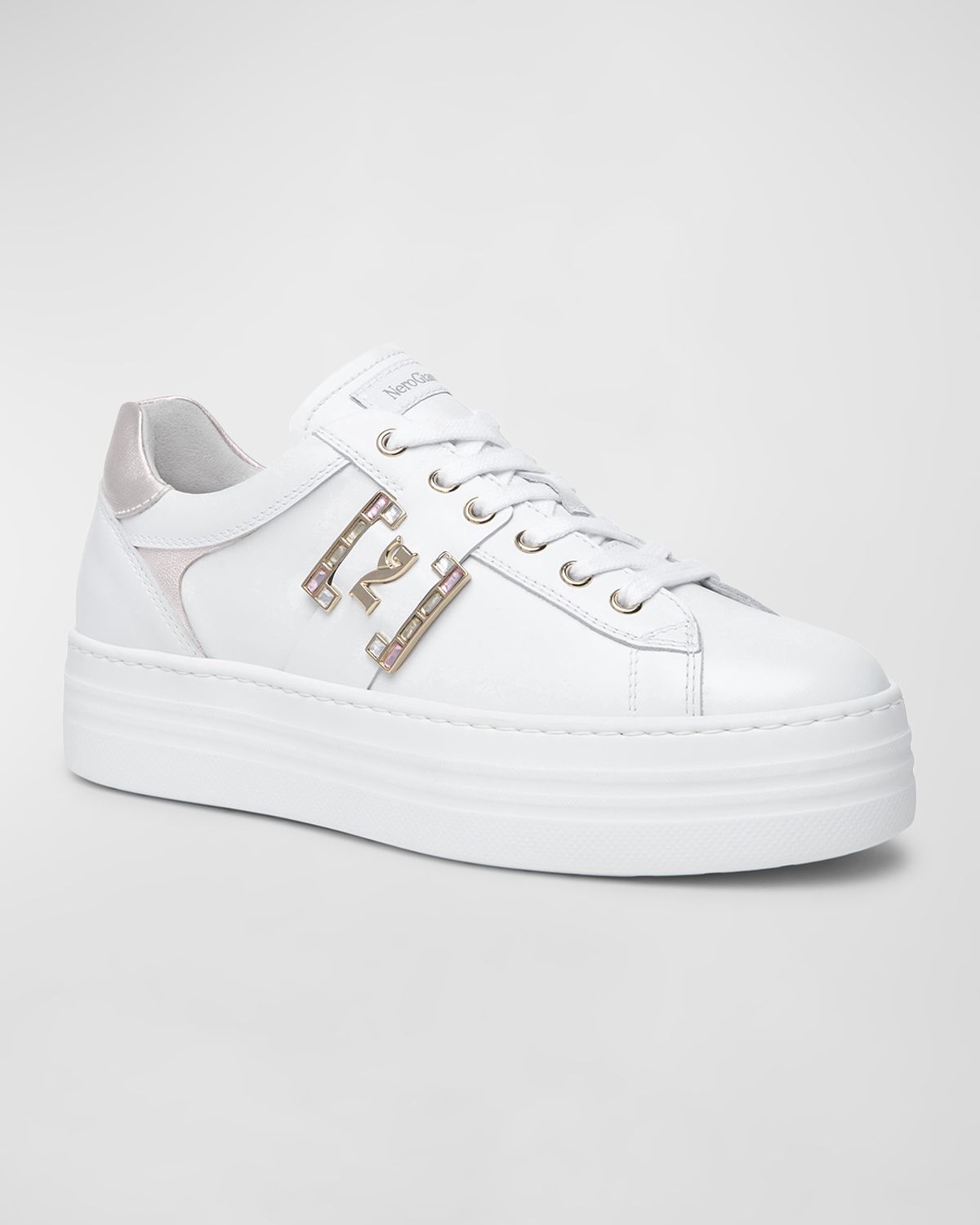 NeroGiardini Jeweled Logo Leather Skater Sneakers