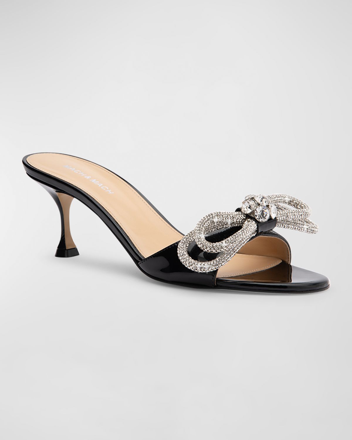 MACH & MACH Embellished Double Bow Patent Leather Mule Pumps