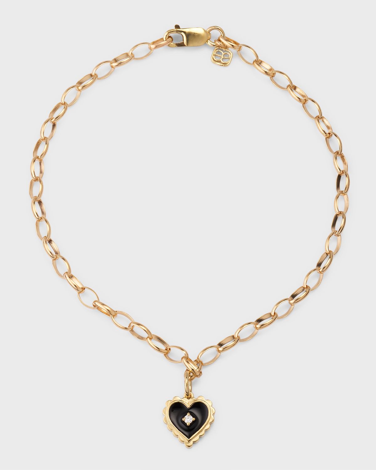 Sydney Evan Prong Set Black Enamel Heart Charm Bracelet with Scallop Border