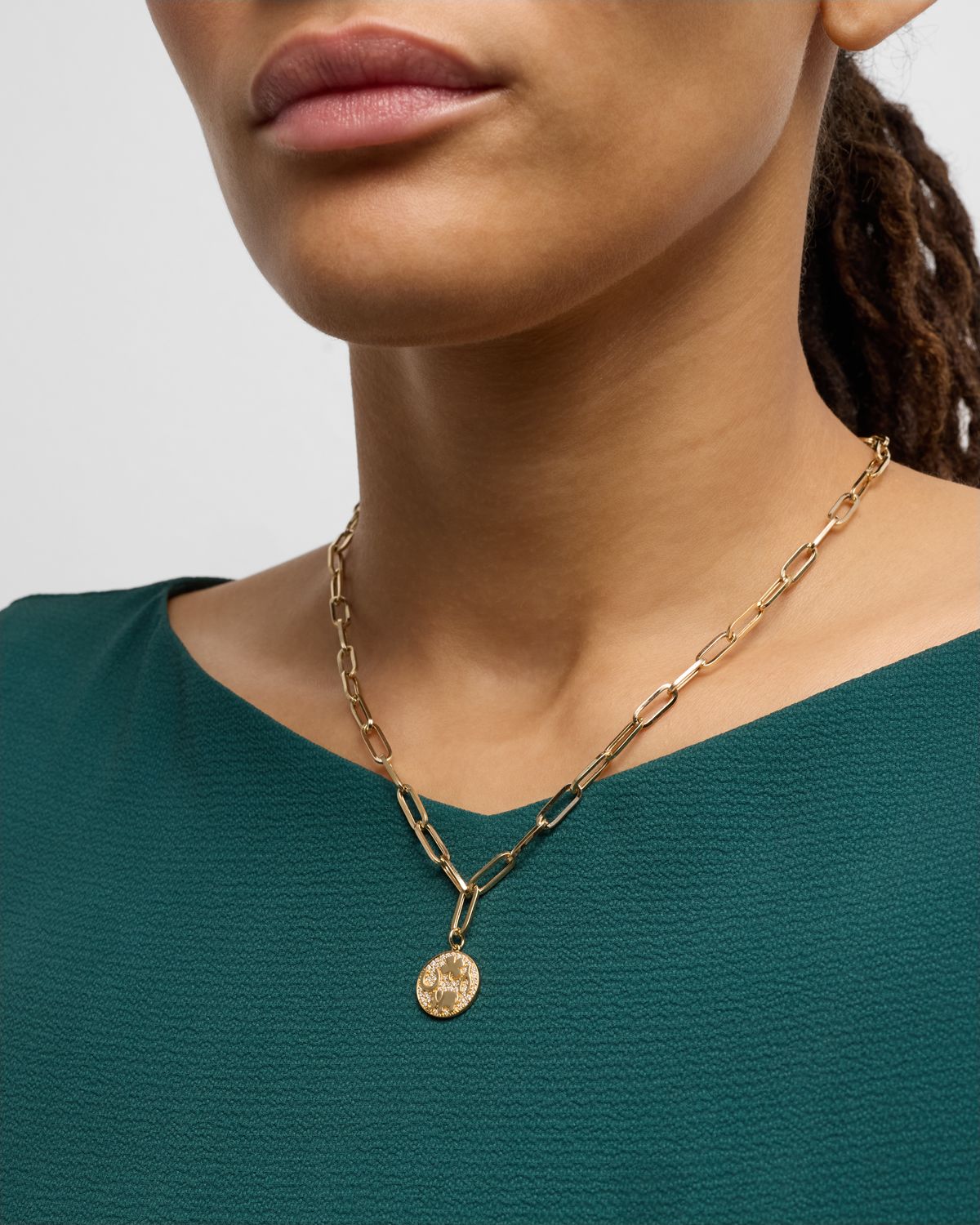 Sydney Evan 14K Luck Tableau Pave Medallion Necklace with Elongated Cable Chain