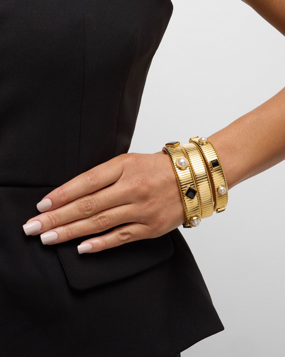 Ben-Amun Cobra Stone and Pearly Elastic Bracelets, Set of 3