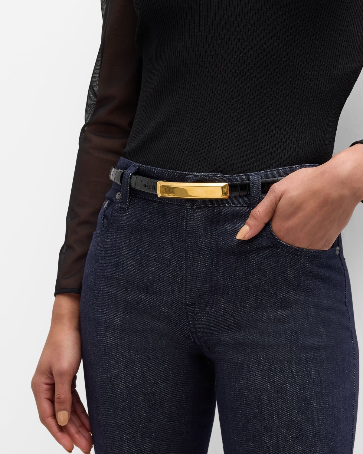 TOM FORD Croc-Embossed Leather Skinny Belt