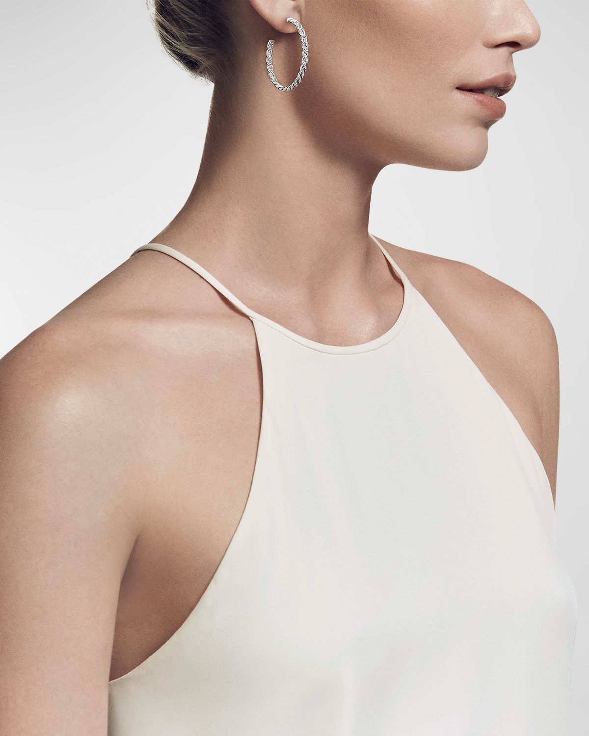 David Yurman Sculpted Cable Flex Hoop Earrings with Diamonds in 18K White Gold, 1.75"