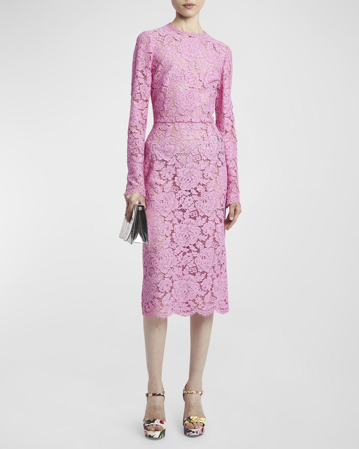 Dolce & Gabbana Floral Lace Long-Sleeve Midi Dress