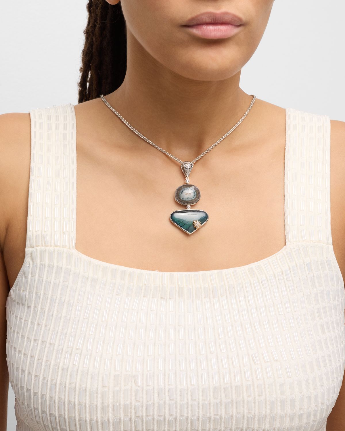 Stephen Dweck Natural Quartz Stalactite Slice, Labradorite and Diamond Pendant Necklace