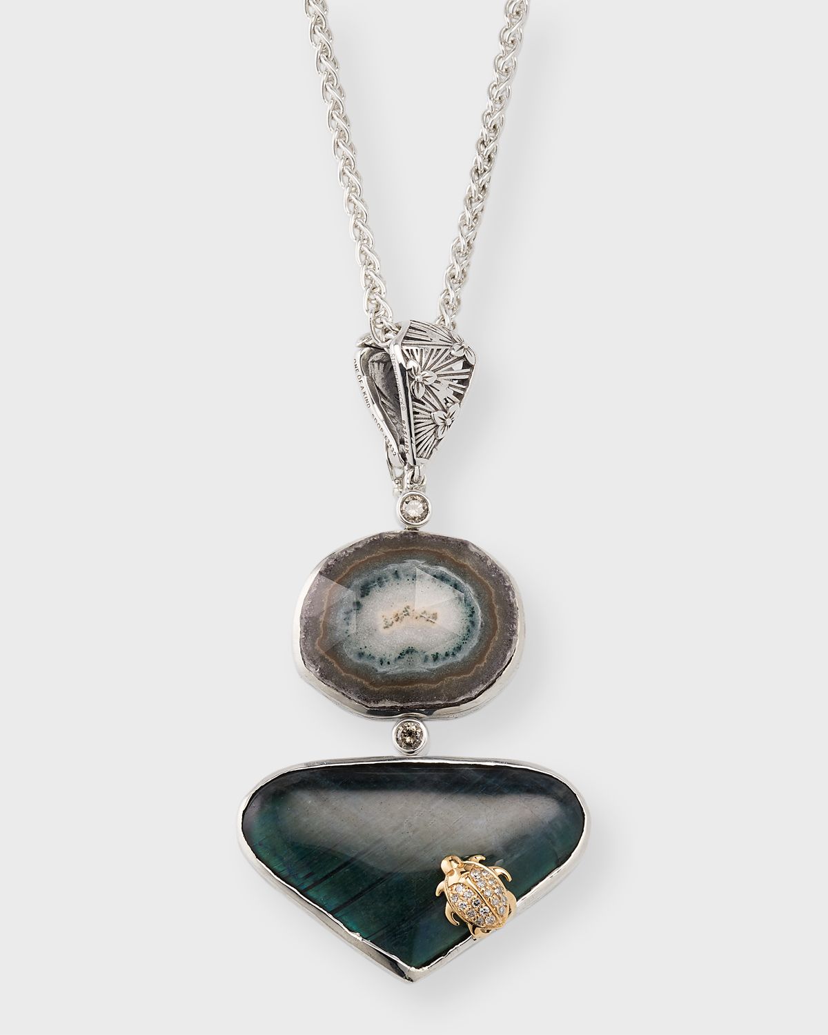 Stephen Dweck Natural Quartz Stalactite Slice, Labradorite and Diamond Pendant Necklace