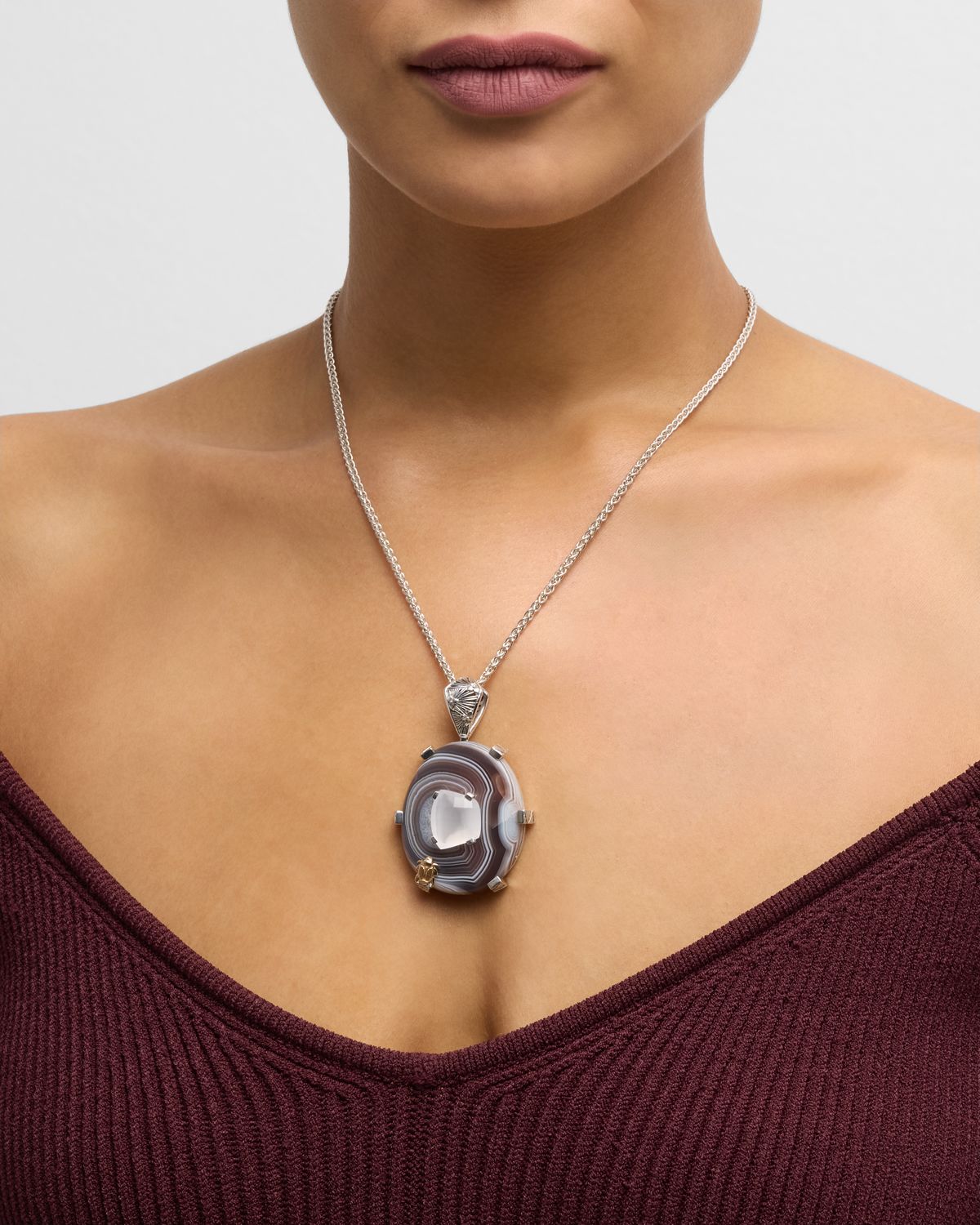 Stephen Dweck Botswana Agate and Moonstone Pendant Necklace in Sterling Silver