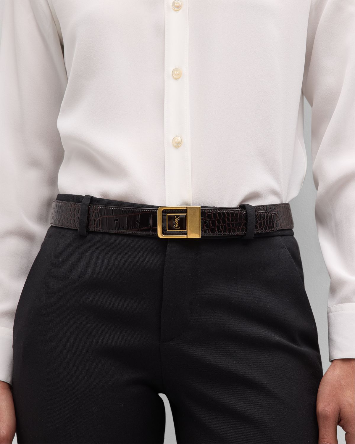 Saint Laurent Croc-Embossed Leather Square Buckle Belt