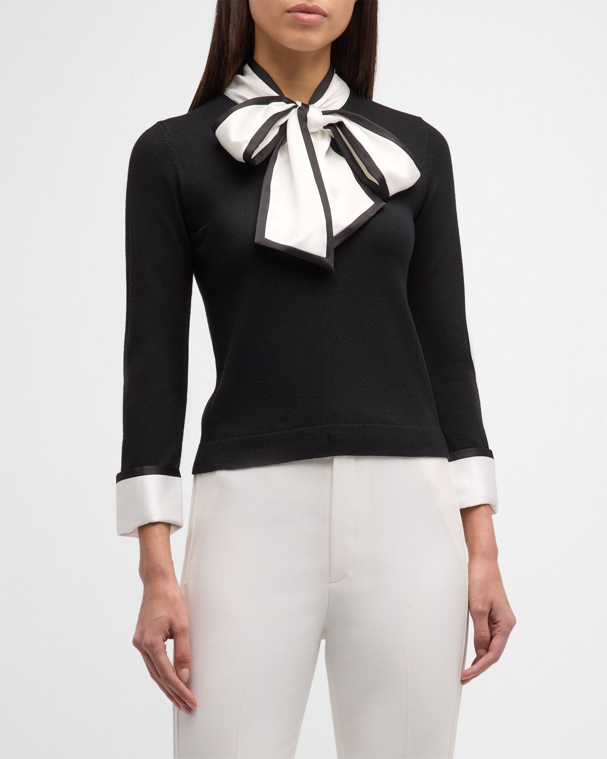 ALICE + OLIVIA Justina Combo Tie-Neck Pullover