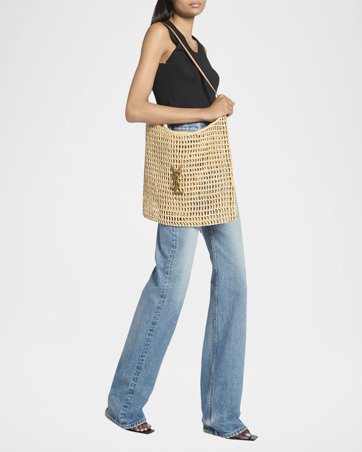 Saint Laurent Oxalis YSL Monogram Shoulder Bag in Raffia with Bronze Hardware