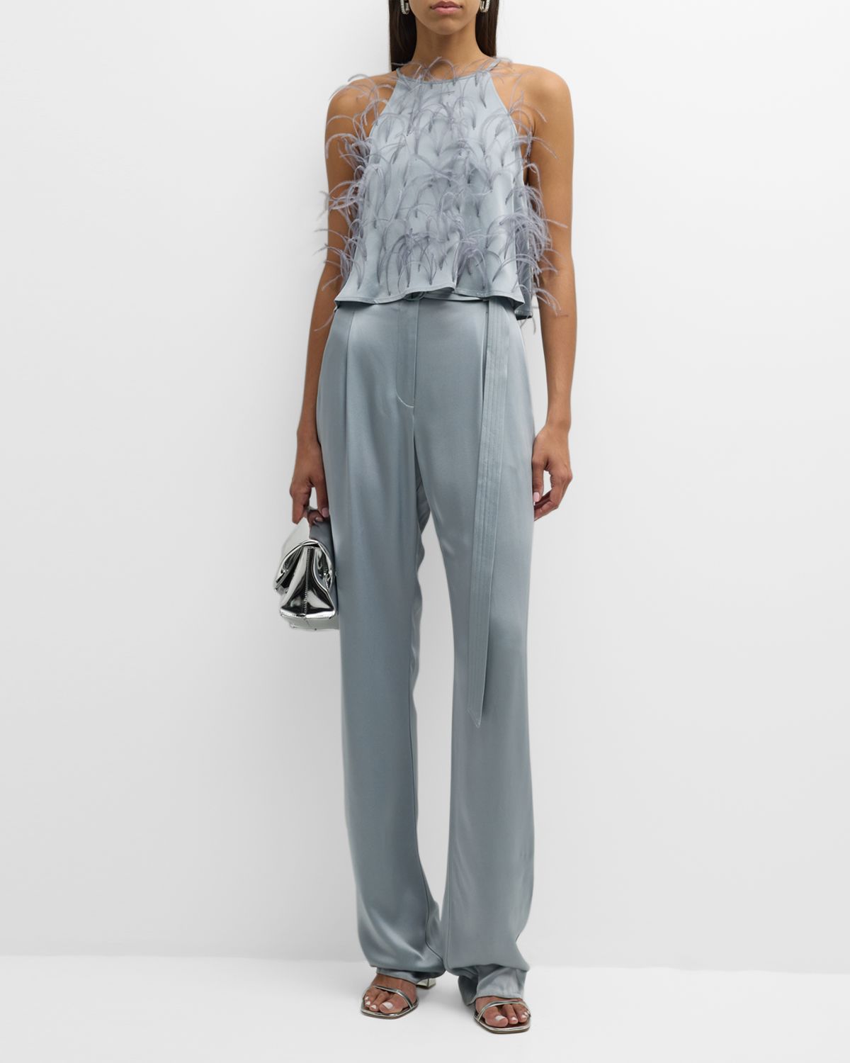 LAPOINTE Feather Doubleface Satin Crop Halter Cami