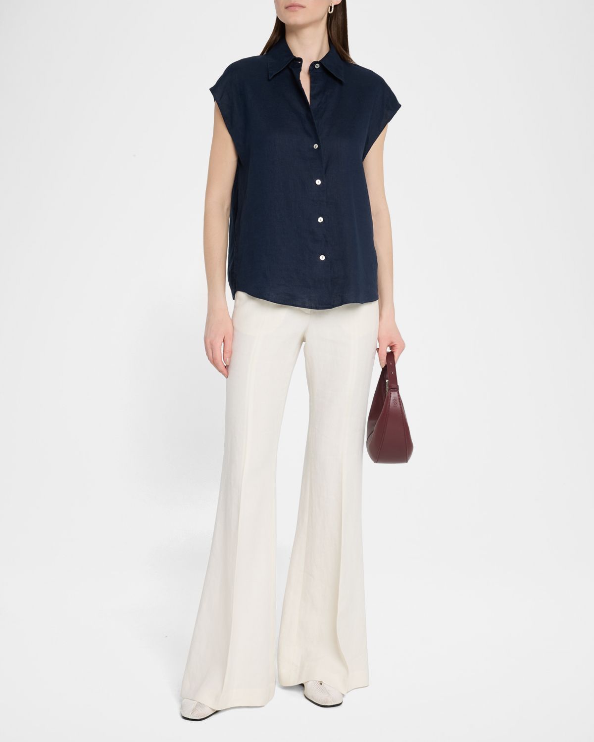 Vince Cap-Sleeve Linen Button-Front Blouse