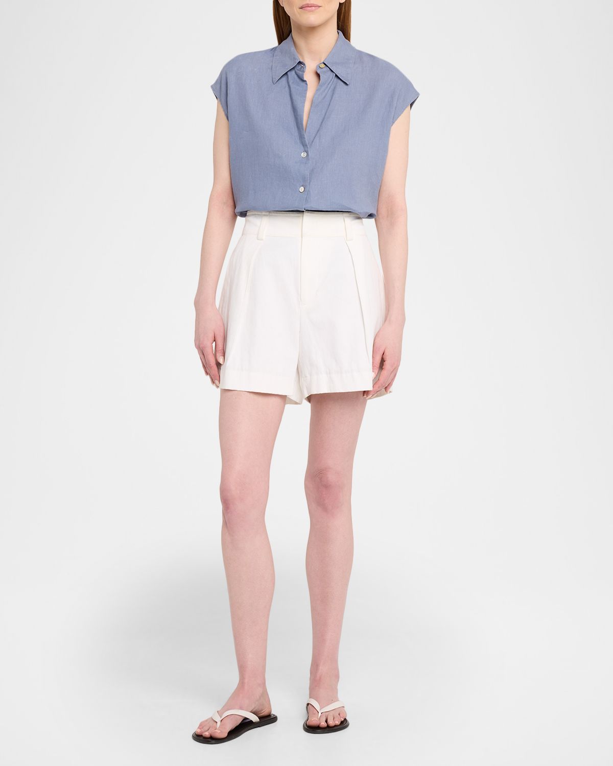 Vince Cap-Sleeve Linen Button-Front Blouse