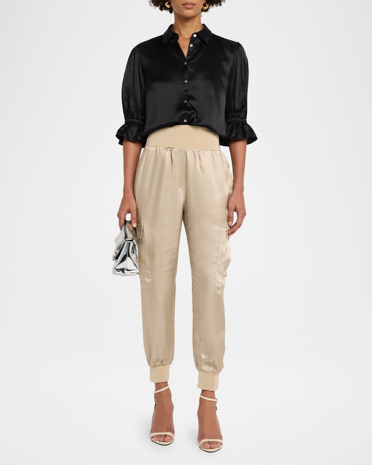 Cinq a Sept Fiona Silk Satin Short-Sleeve Top