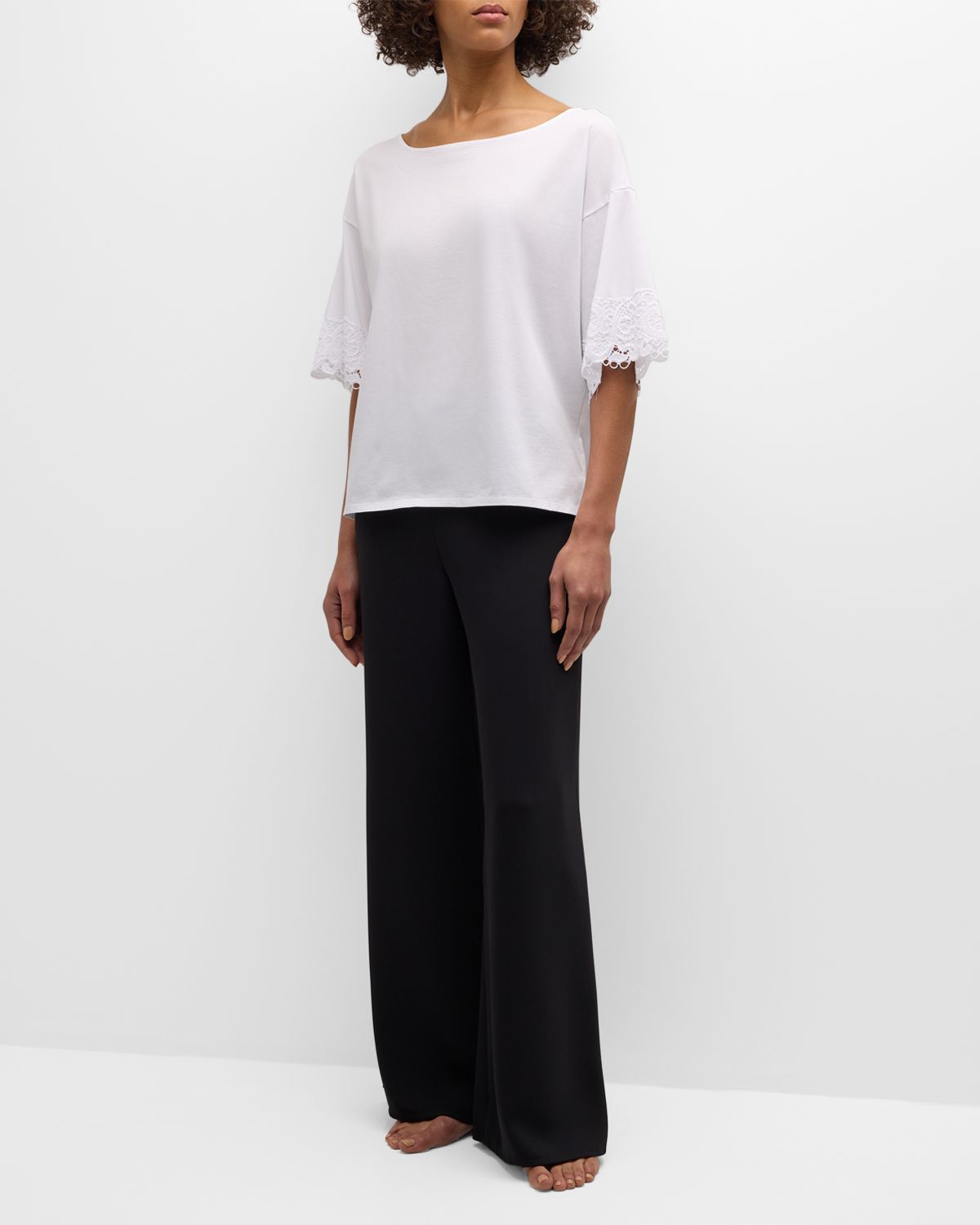 Natori Bliss Harmony Lace-Trim Elbow-Sleeve T-Shirt