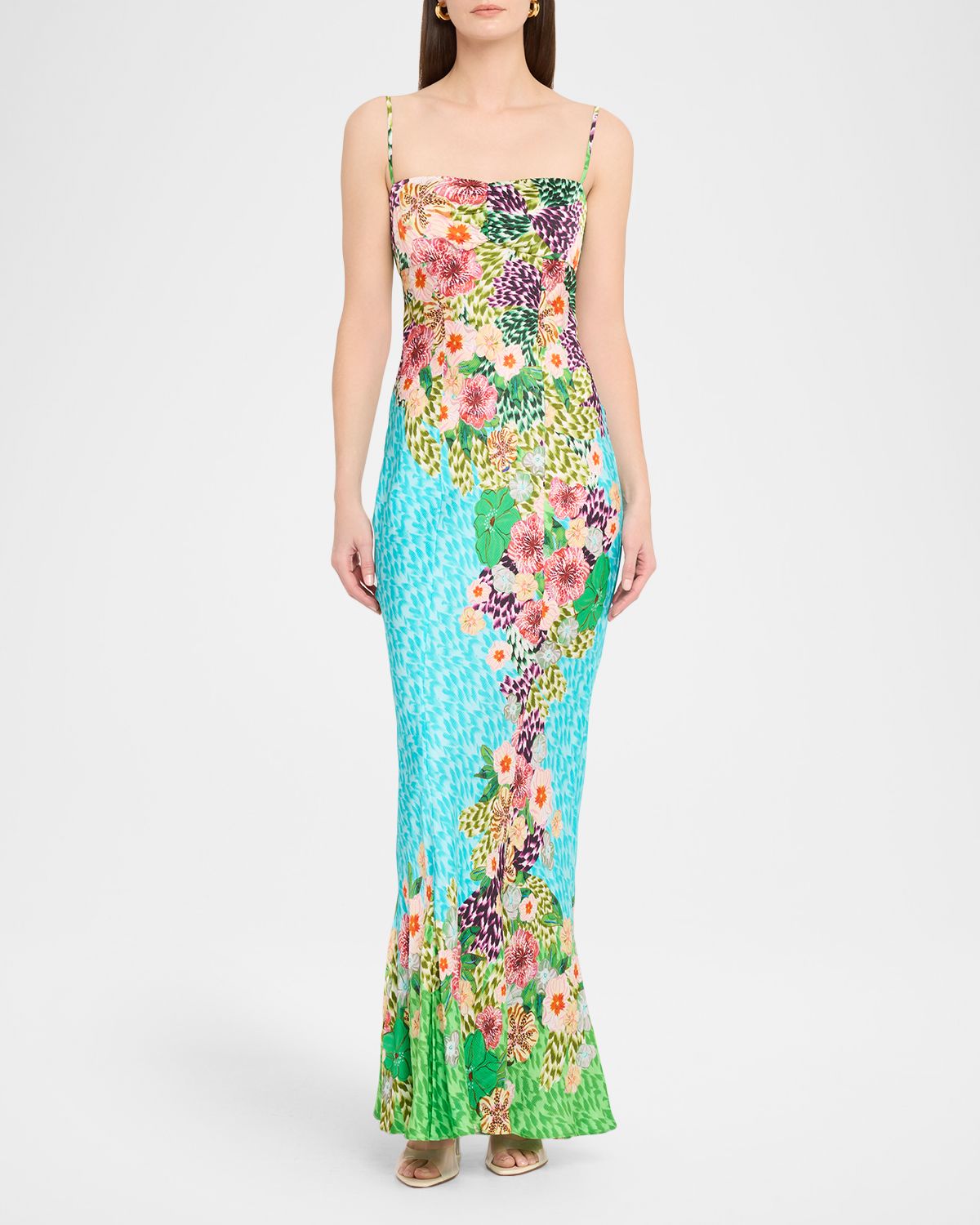 Saloni Renee Long Floral Silk Spaghetti-Strap Dress