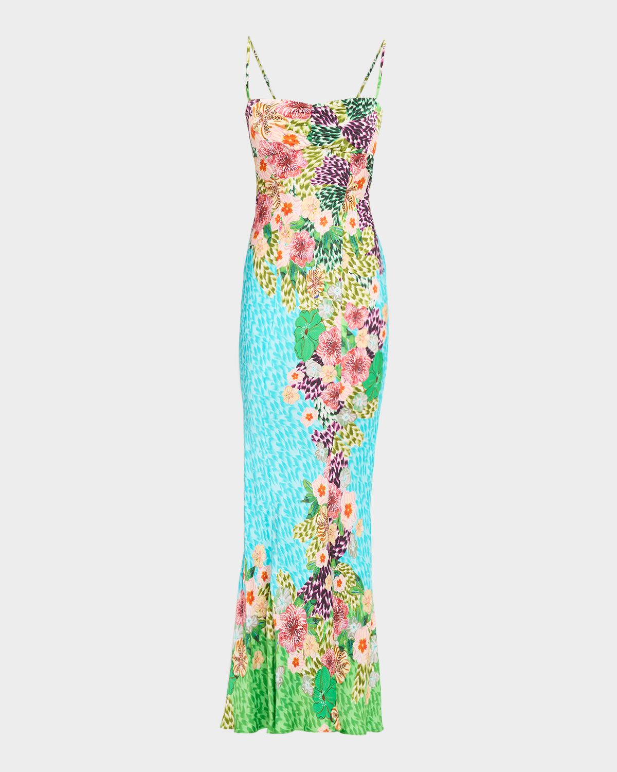 Saloni Renee Long Floral Silk Spaghetti-Strap Dress