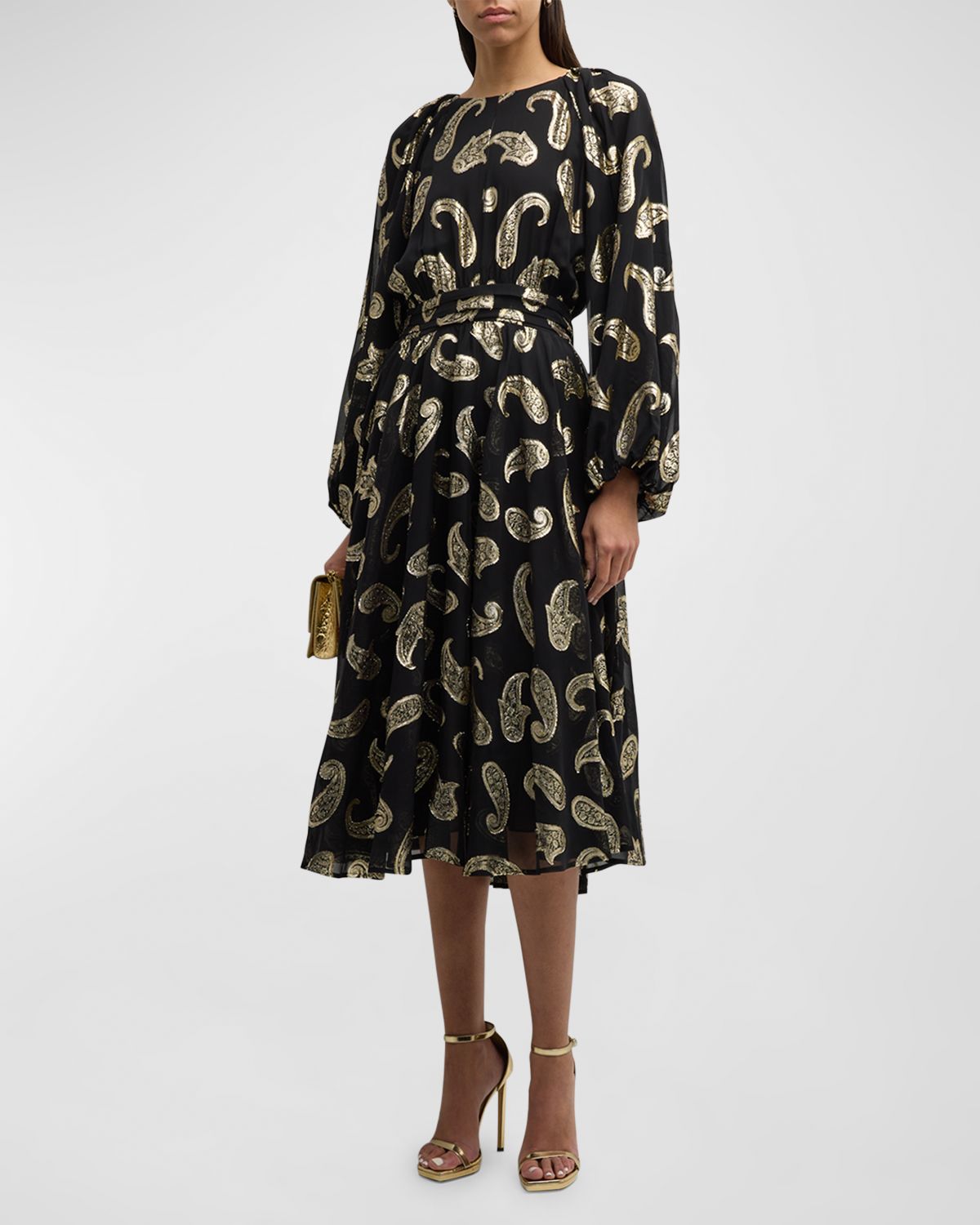 Elie Tahari The Audrey Metallic Paisley-Print Midi Dress