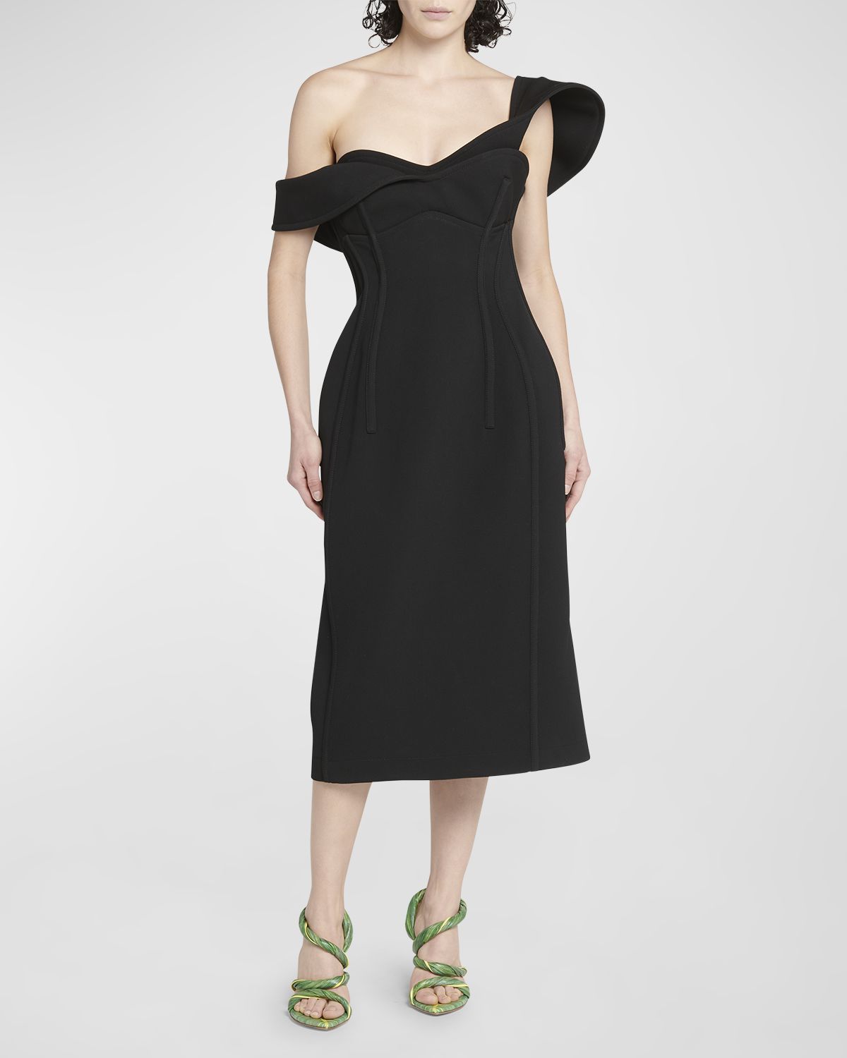 Bottega Veneta Off-The-Shoulder Bonded Wool Tricotine Midi Bustier Dress