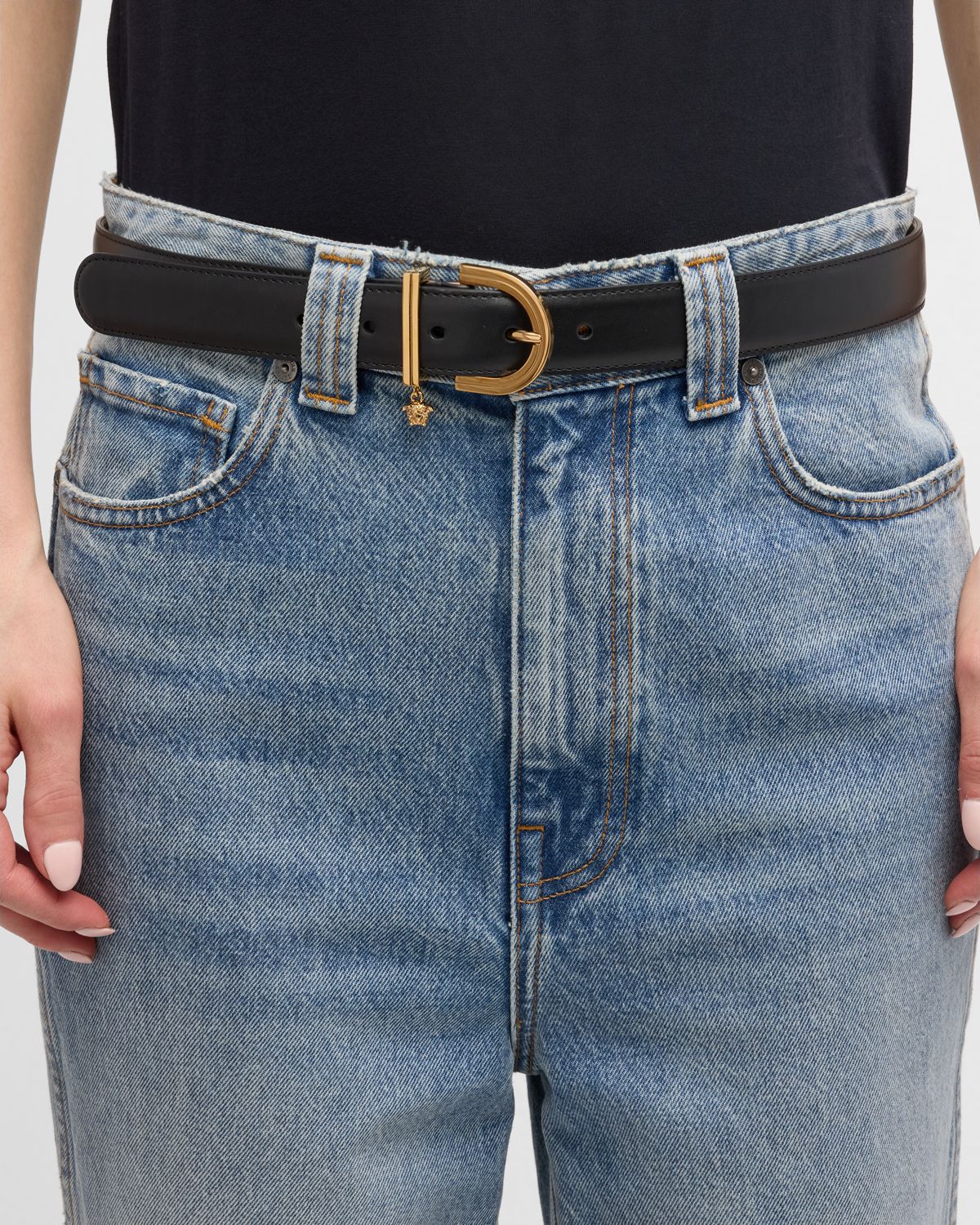 Versace Medusa Charm Leather & Brass Belt