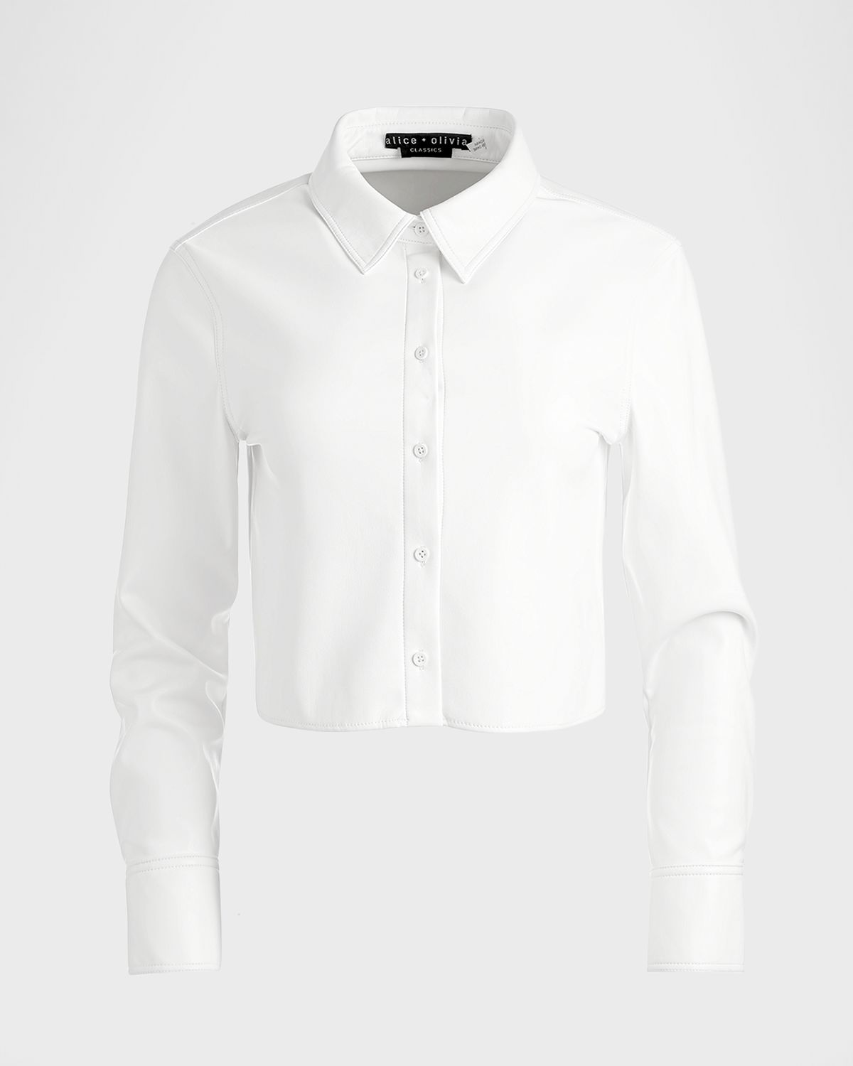 ALICE + OLIVIA Leon Cropped Vegan Leather Button-Front Shirt | Thumbnail 7 ALICE + OLIVIA Leon Cropped Vegan Leather Button-Front Shirt | Thumbnail 7