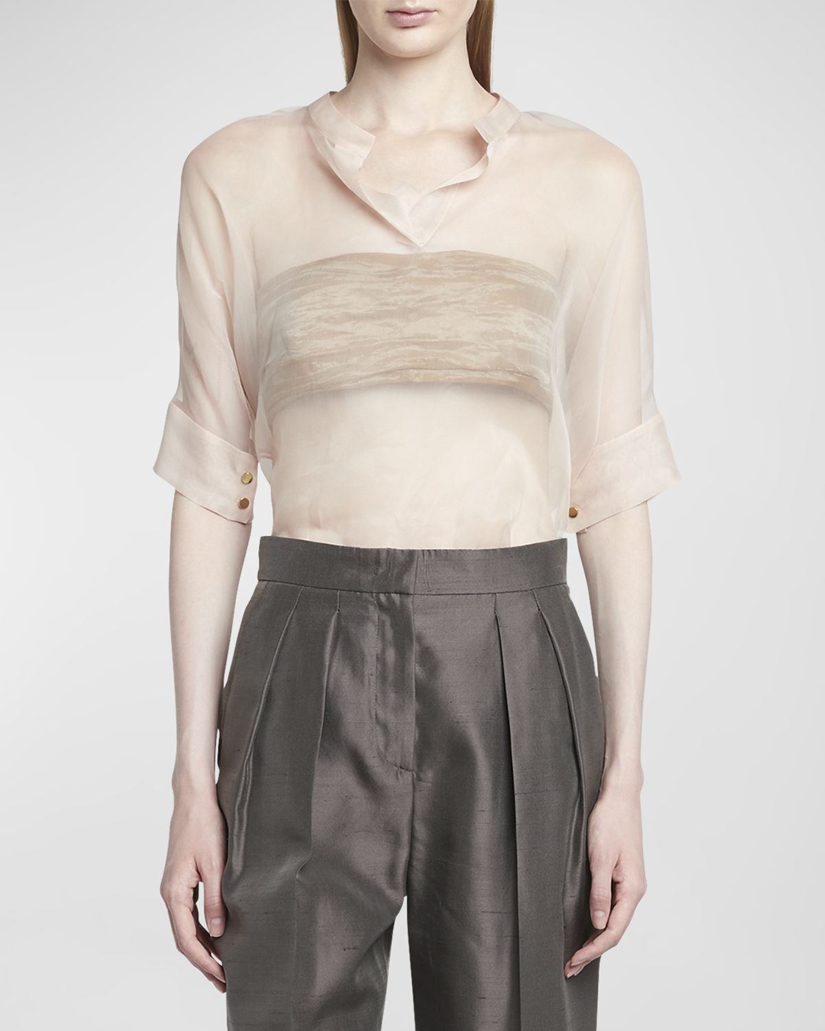 Giorgio Armani Short-Sleeve Sheer Silk Tunic Top With Cami