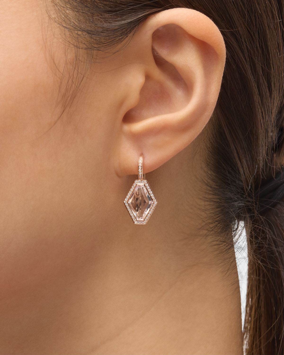 Walters Faith Bell 18K Rose Gold Diamond and Rock Crystal Hexagonal Earrings