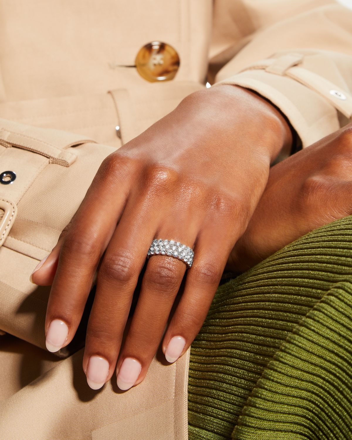 Memoire 18k White Gold Halfway 3-Row Diamond Ring, Size 6-8