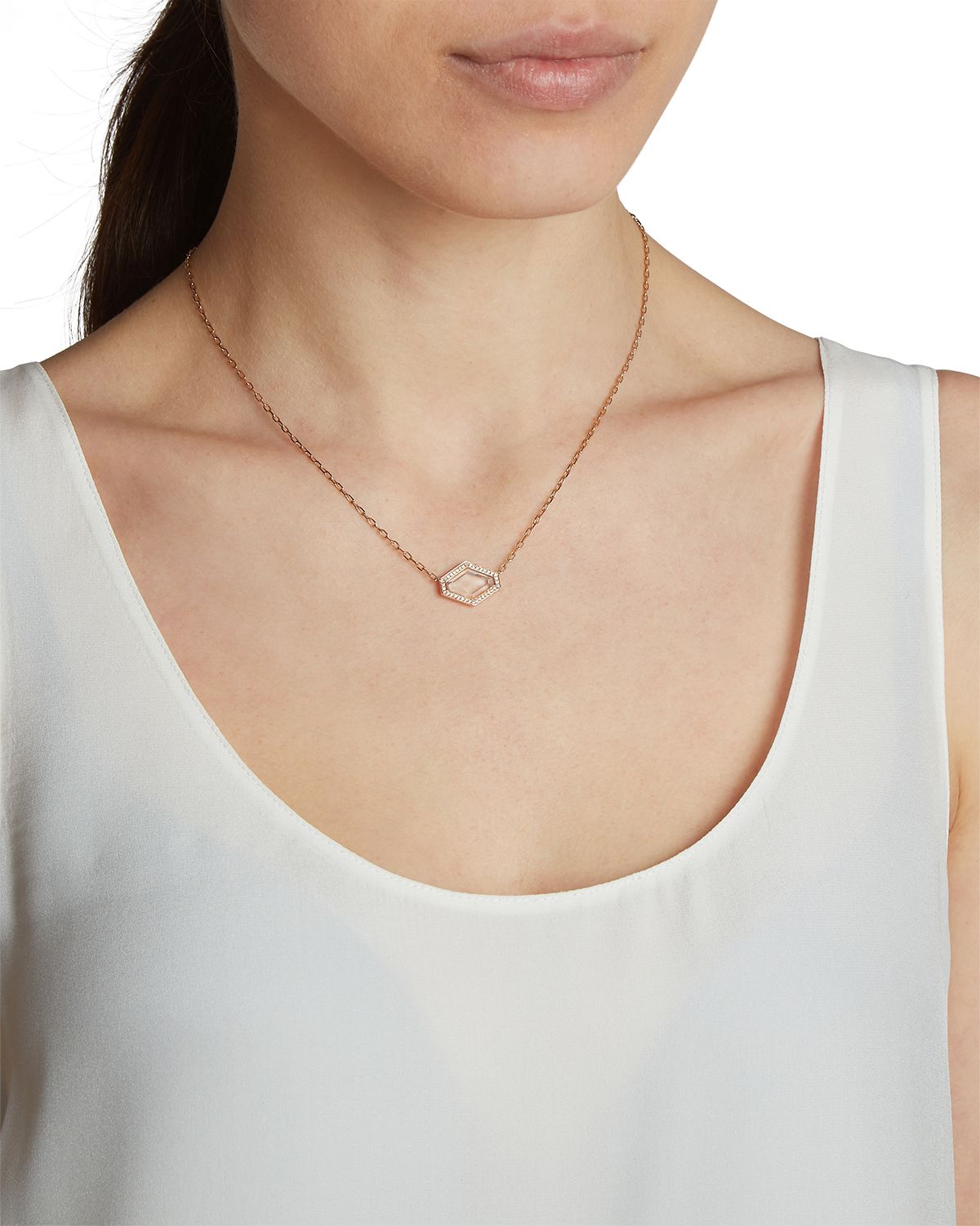 Walters Faith Bell Rose Gold Rock Crystal Hexagonal East-West Necklace with Diamond Border