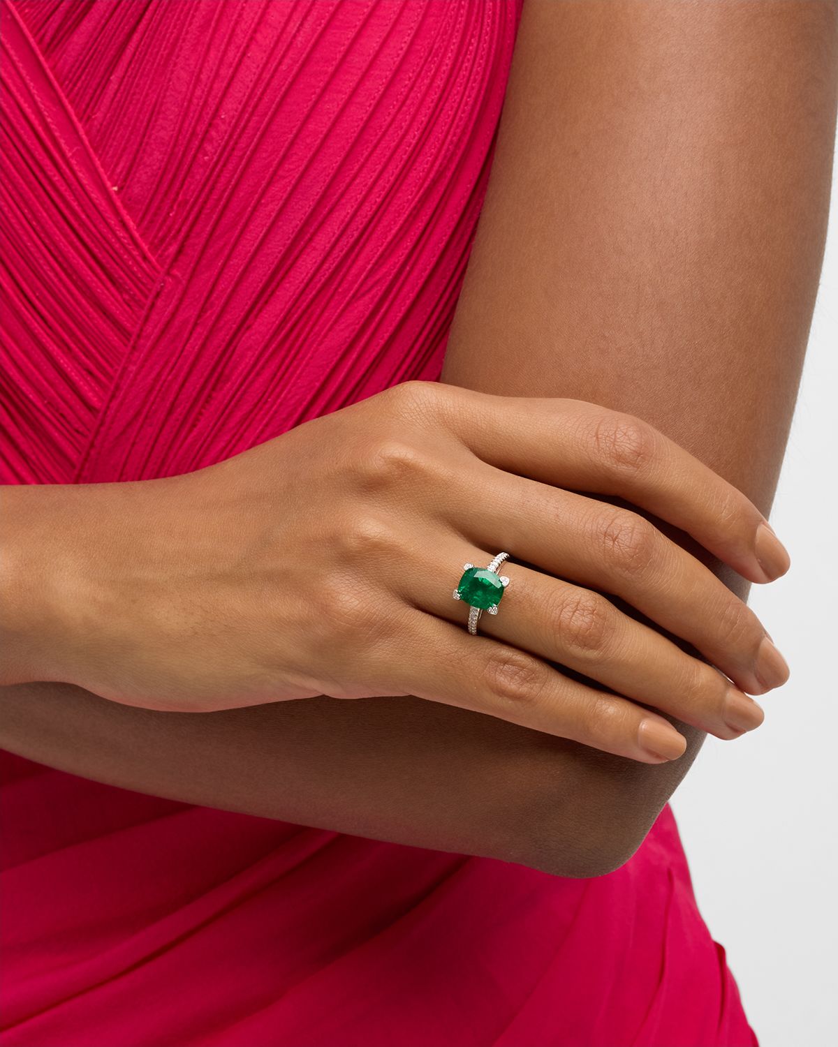 Chopard 18K White Gold Emerald Solitaire Ring with Diamonds, Size 53