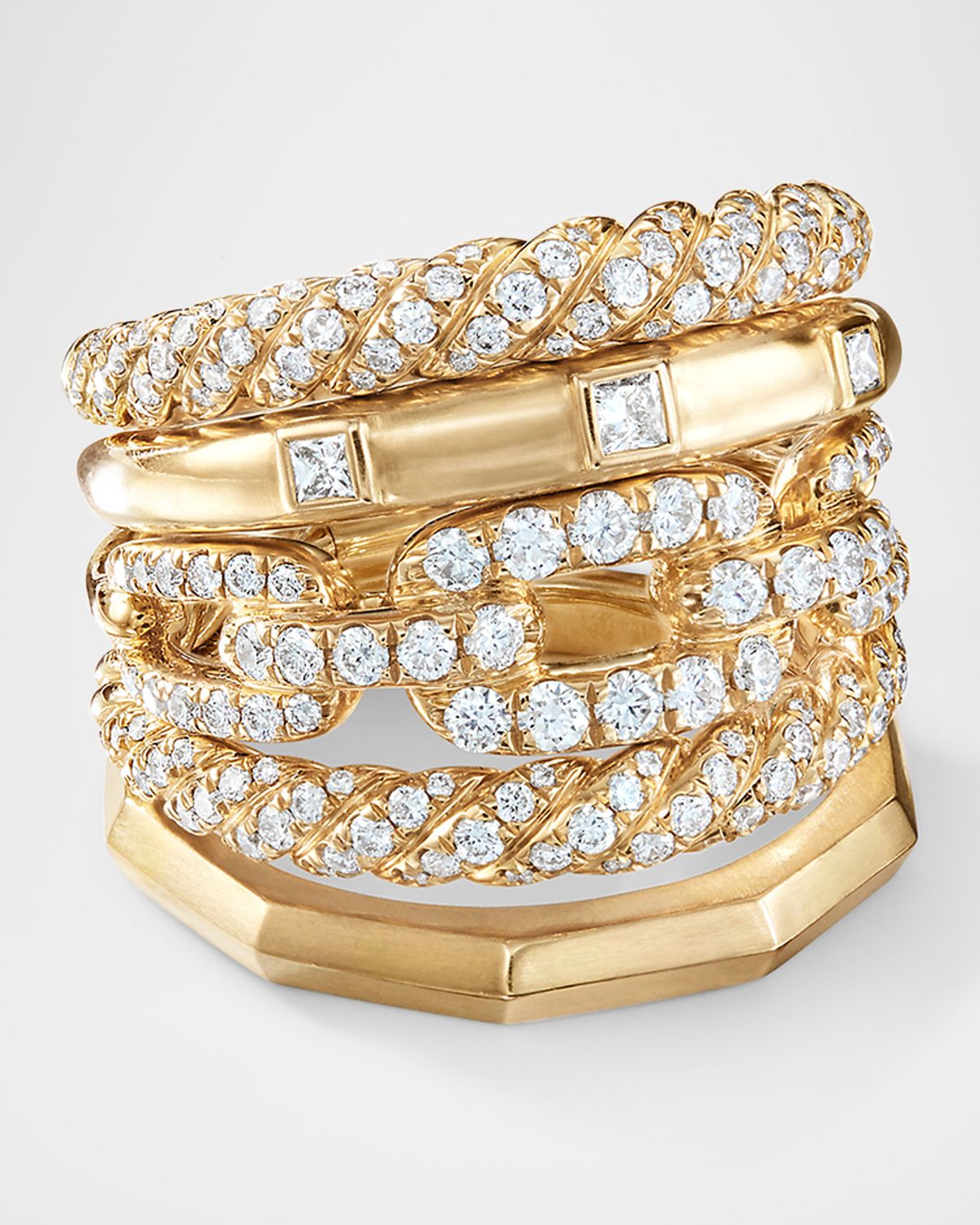 David Yurman Stax Five Row Ring in 18K Yellow Gold with Diamonds, 21mm